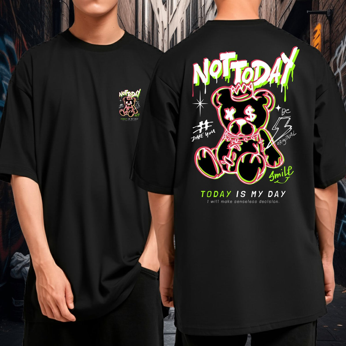 Camiseta Oversized Not Today Bear Streetwear Vibrante Malha Premium Fio 30.1