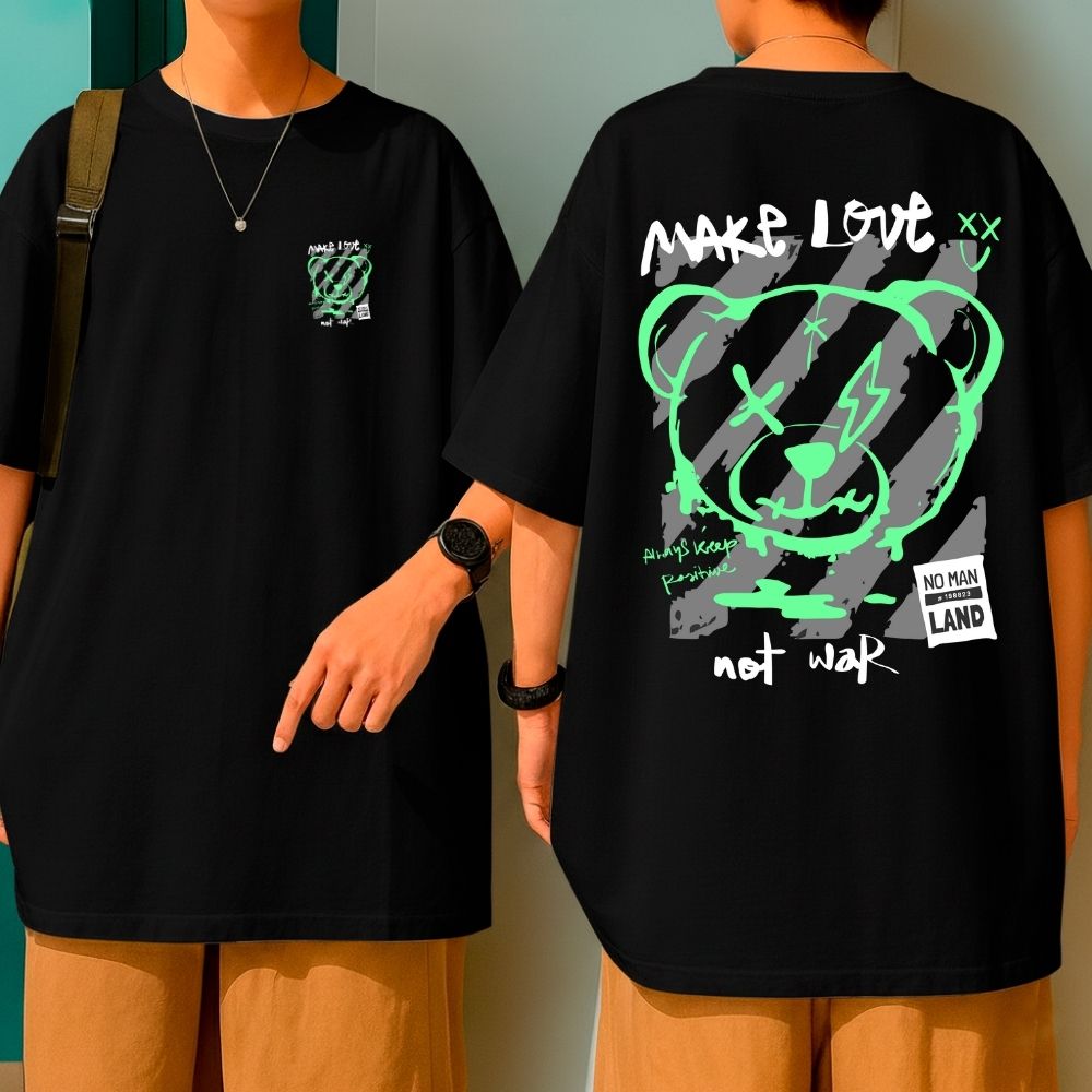 Camiseta Oversized Algodão Streetwear Feminina Urso Bear Make Love Not War