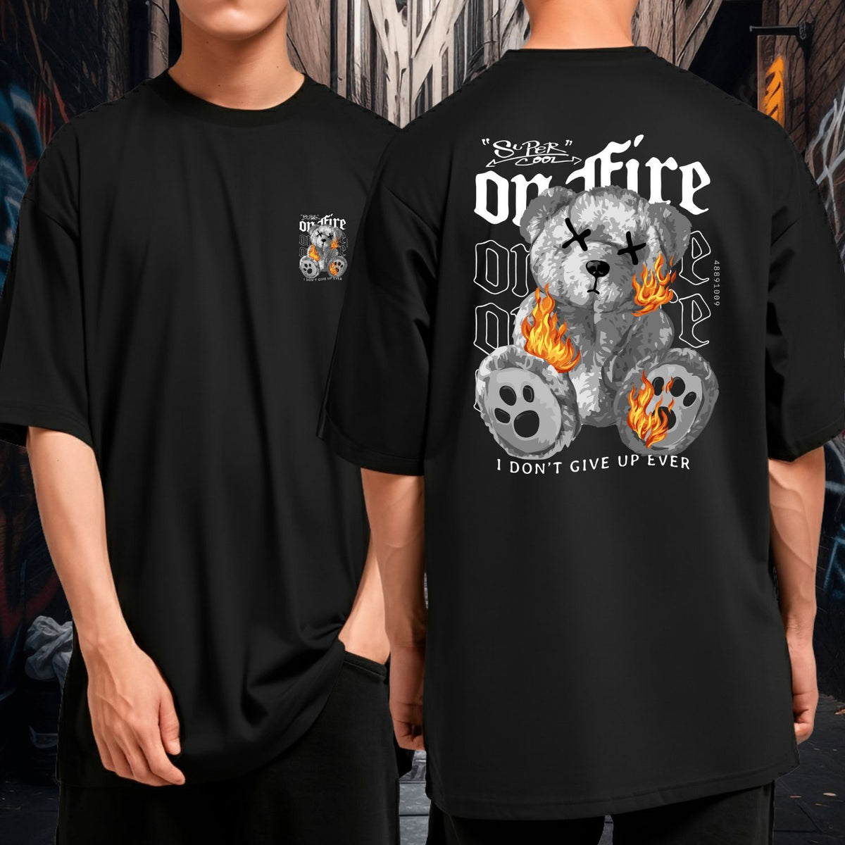 Camiseta Oversized Streetwear On Fire Urso em Chamas Blusão Malha Grossa Underground