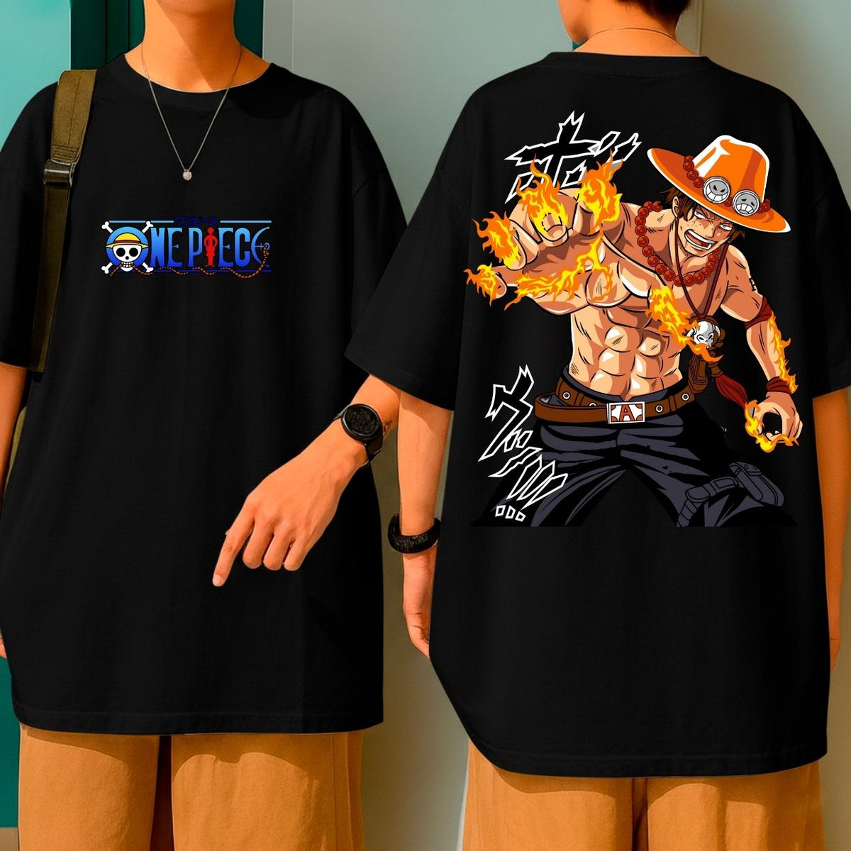 Camiseta Oversized 100% Algodão One Piece Ace Mãos De Fogo Anime Blusão Malha Grossa