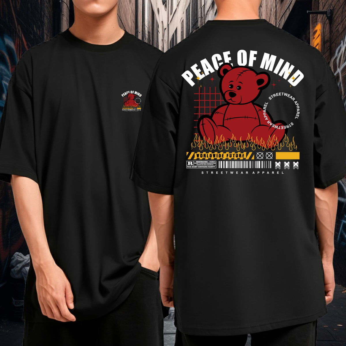 Camiseta Oversized Fio 30.1 Peace of Mind Bear Streetwear Unissex