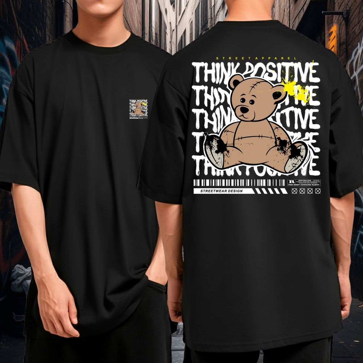 Camiseta Oversized Malha Grossa Larga Think Positive Bear Streetwear