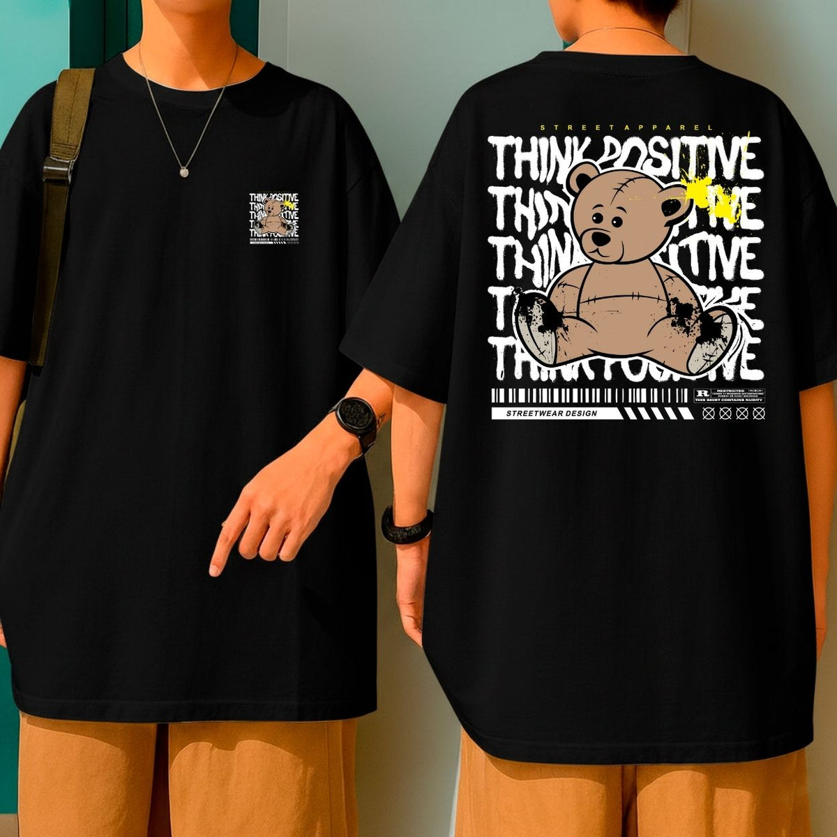 Camiseta Oversized Algodão Premium Streetwear Think Positive Bear Inspiração