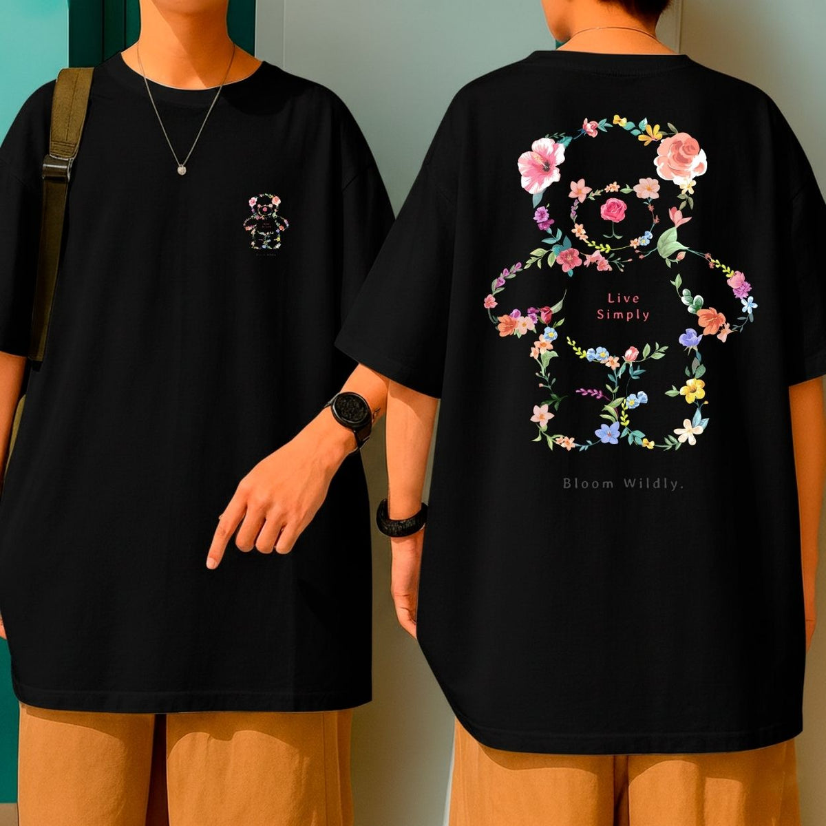 Camiseta Oversized Streetwear Live Simply Urso Floral Blusão Algodão Malha Grossa
