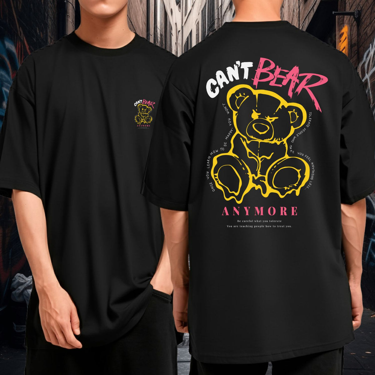 Camiseta Oversized Algodão Malha Grossa Streetwear Can’t Bear Anymore Urso Amarelo