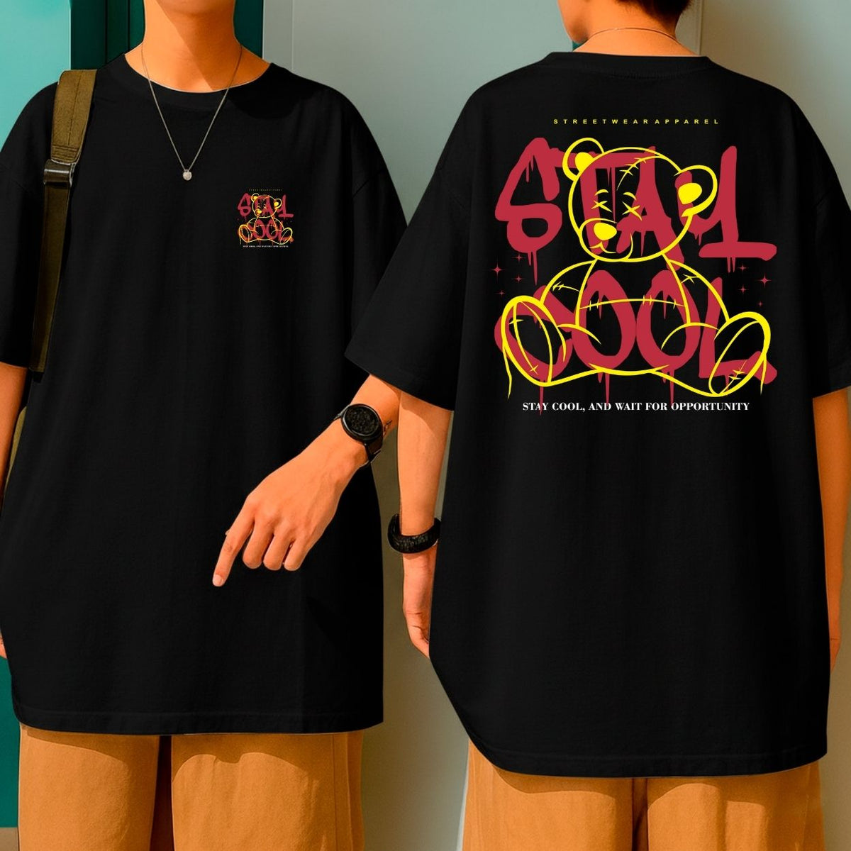 Camiseta Oversized Malha Grossa Gola Redonda Streetwear Stay Cool Bear Moda Urbana