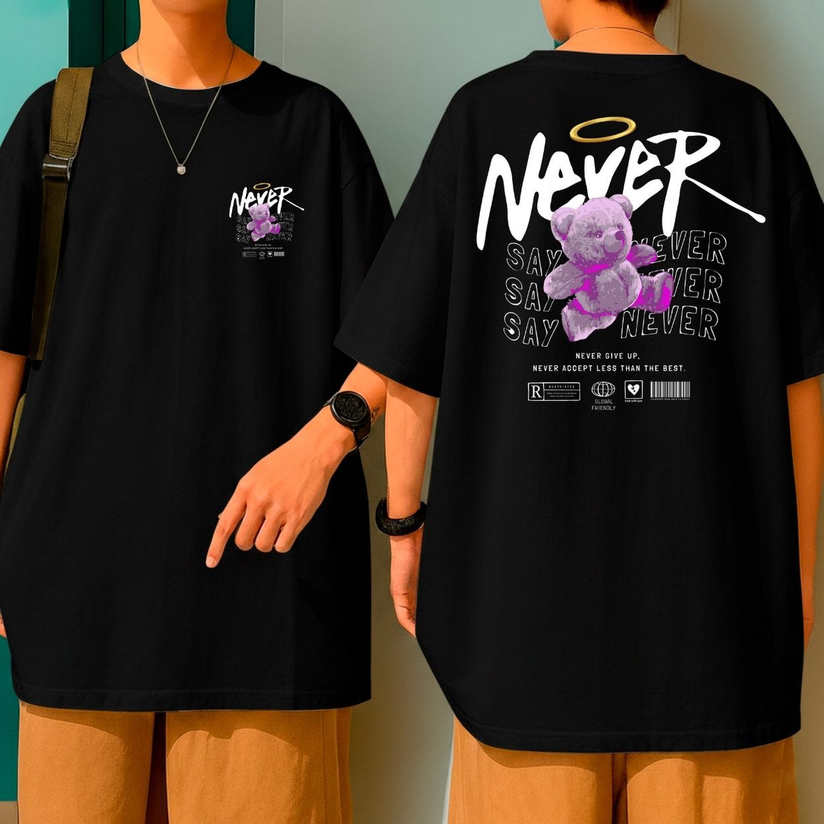 Camiseta Oversized Streetwear Blusão Malha Grossa Urso Roxo Never Say Never
