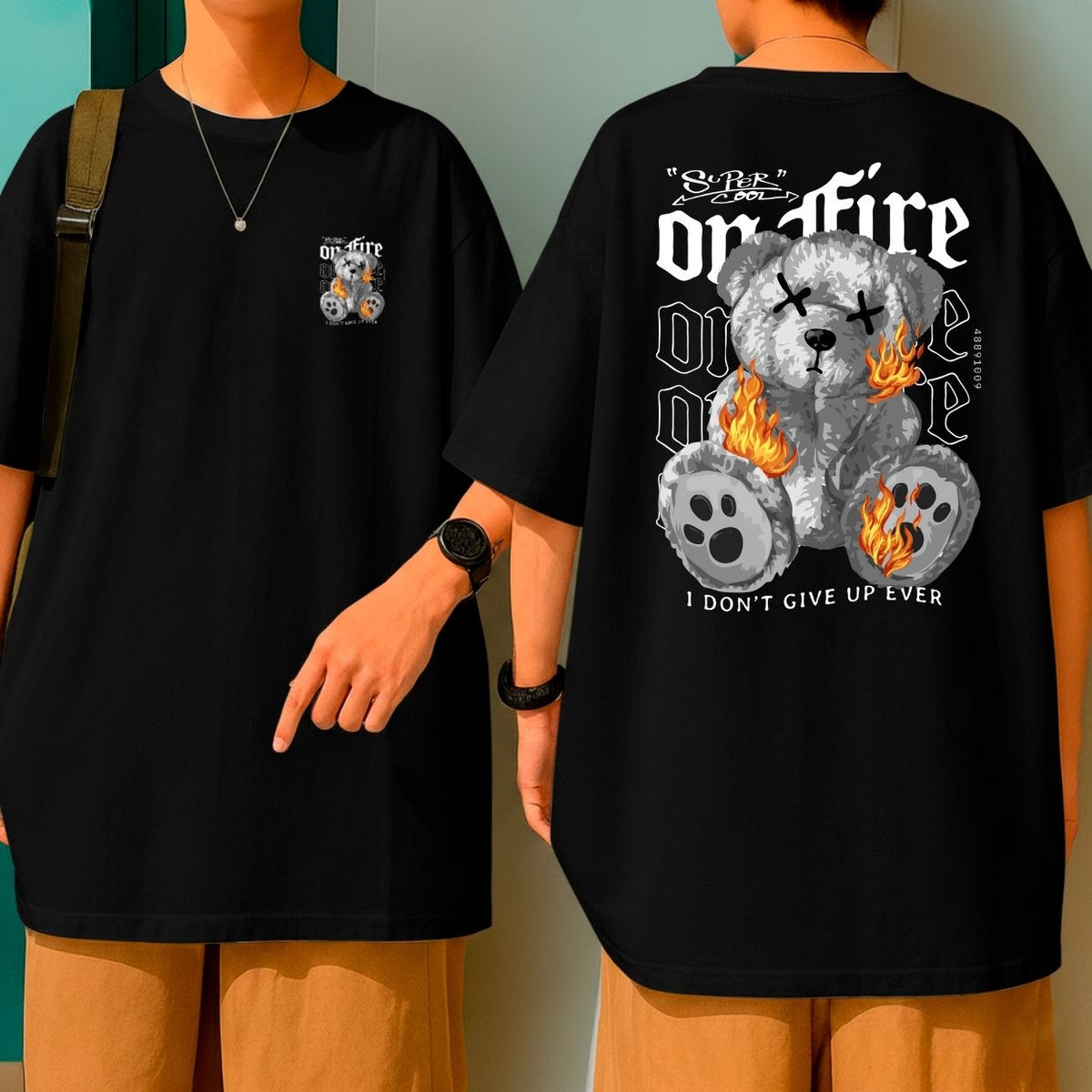 Camiseta Oversized Streetwear Urso em Fogo “I Don’t Give Up Ever” Malha Premium Algodão