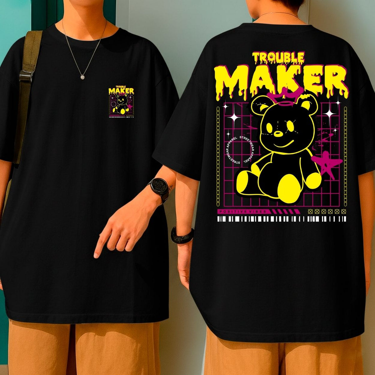 Camiseta Oversized Ursinho Trouble Maker Blusão Malha Grossa Fio 30.1 Qualidade
