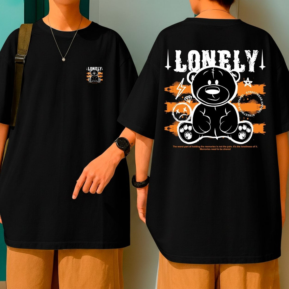 Camiseta Oversized Streetwear Estampa Urso Lonely Preto Laranja Qualidade Bom Caimento