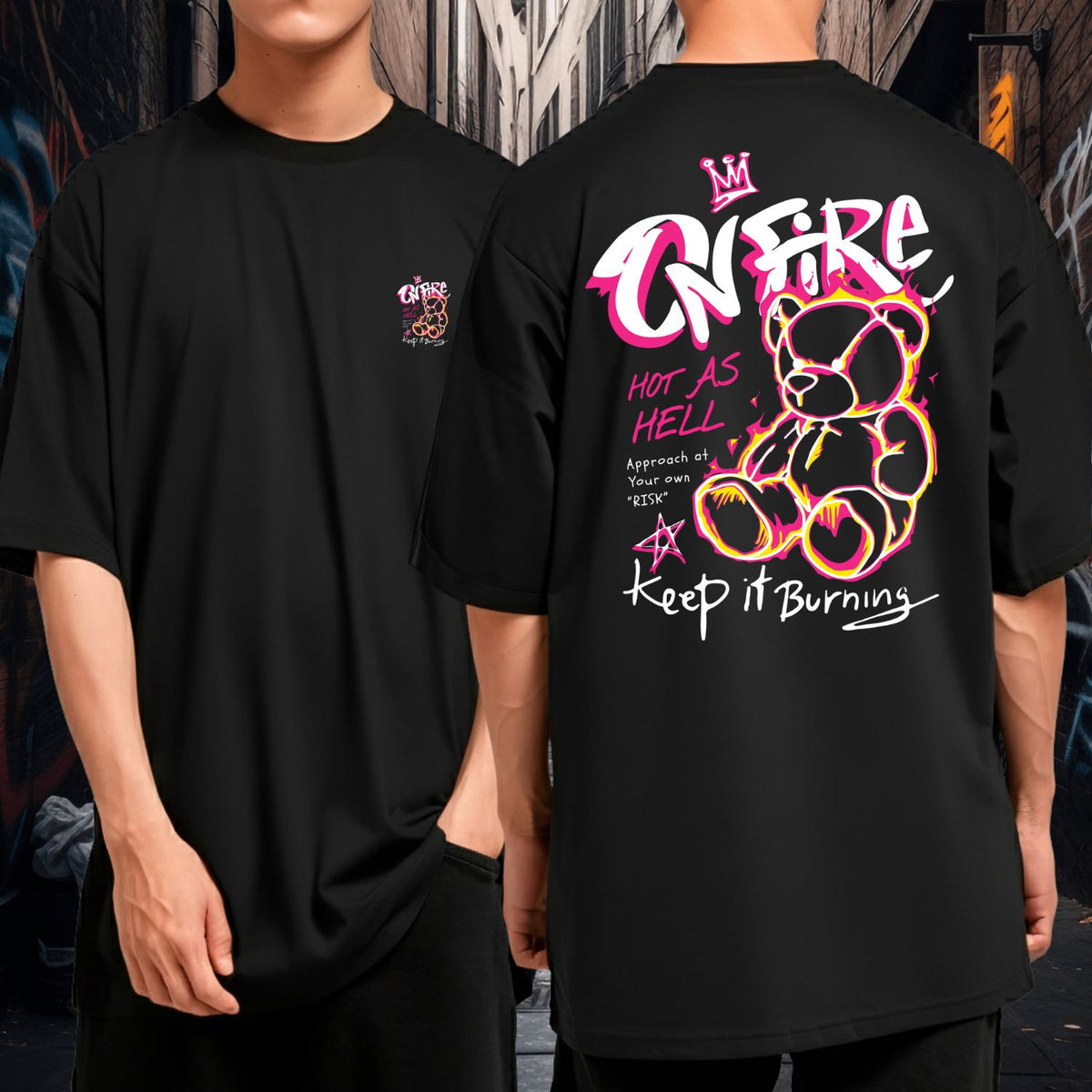 Camiseta Oversized Malha Grossa Fio 30.1 Malha Grossa Ursinho On Fire Keep It Burning Gola Redonda