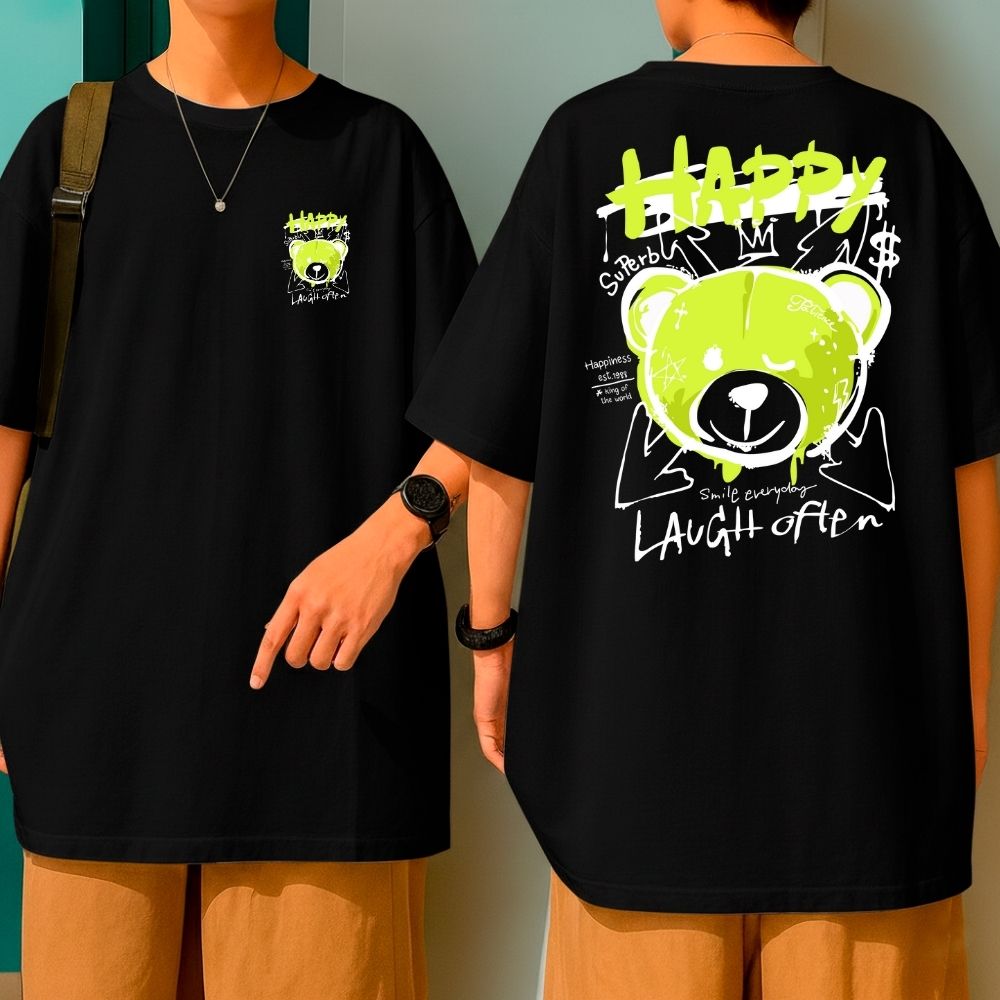 Camiseta Oversized 100% Algodão Estampa Ursinho Happy Laugh Often Blusão Malha Grossa