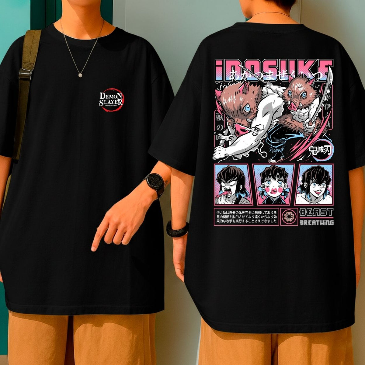 Camiseta Oversized Inosuke 100% Algodão Anime Demon Slayer Malha Premium