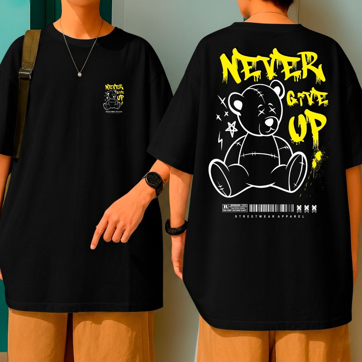 Camiseta Oversized Estampa Ursinho Never Give Up Blusão Malha Premium