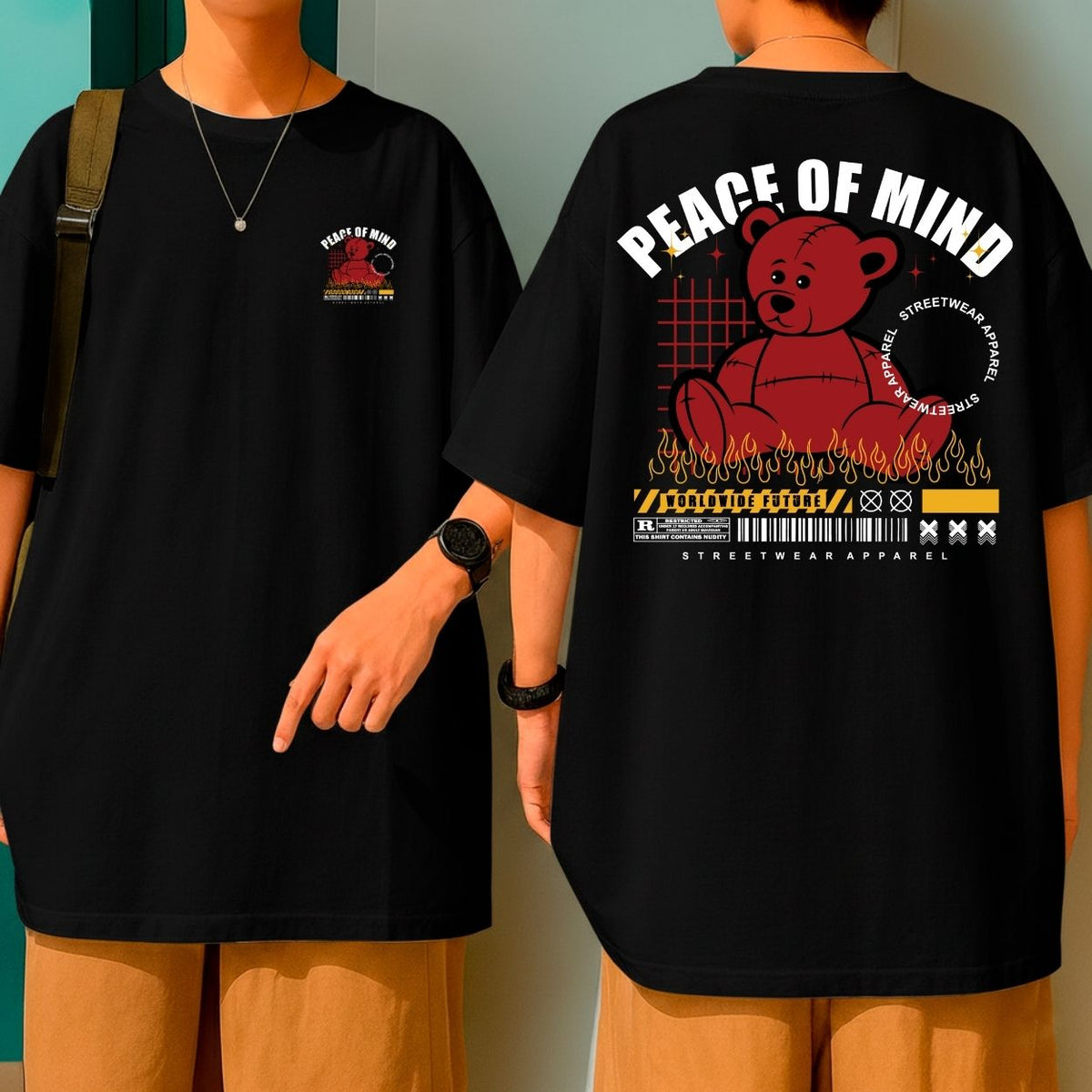 Camiseta Oversized Streetwear Urso Vermelho Flames Peace of Mind