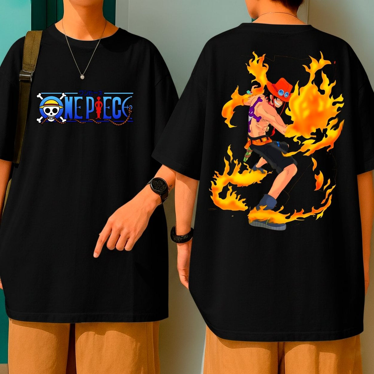 Camiseta Oversized Ace Punhos De Fogo Anime One Piece Blusão 100% Algodão Malha Grossa