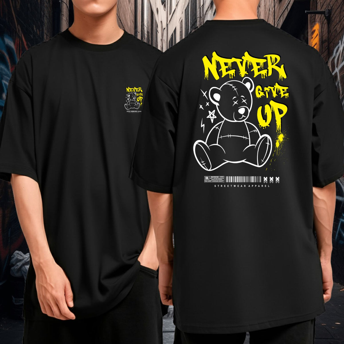 Camiseta Oversized Larga Streetwear Never Give Up Bear Moda Urbana
