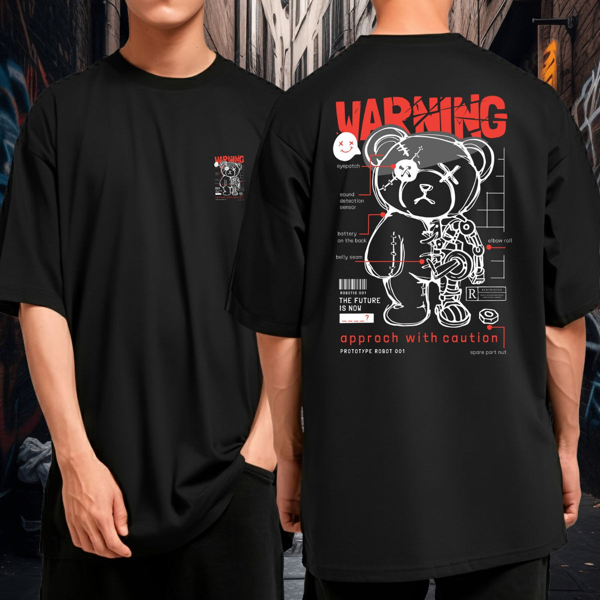 Camiseta Oversized Streetwear Warning Urso Robô Futurista Malha Premium