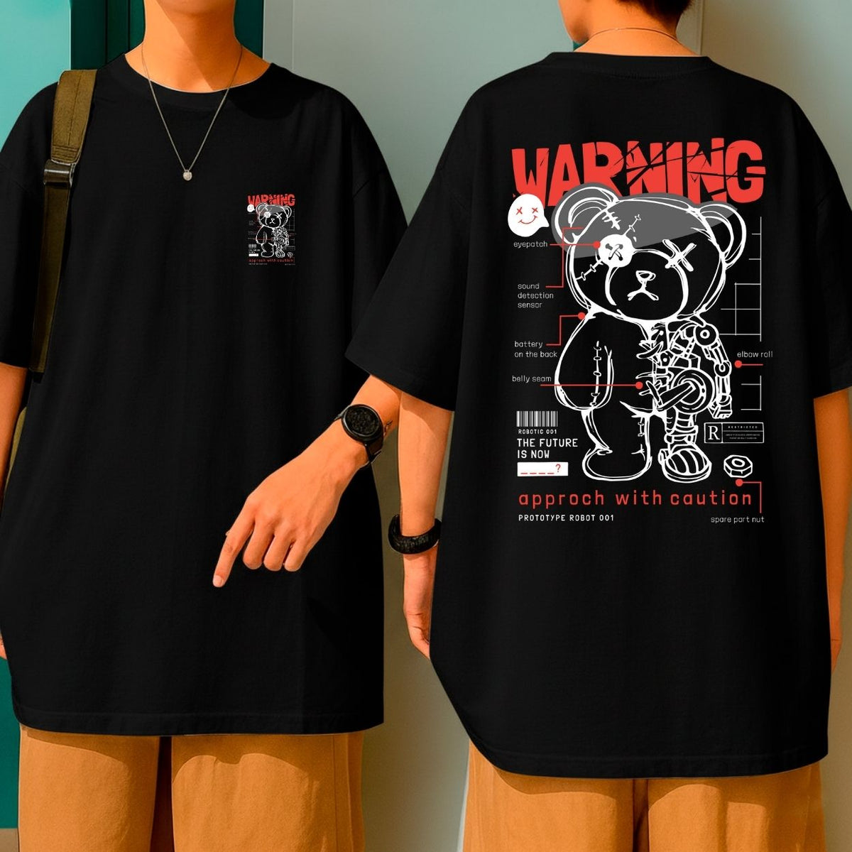 Camiseta Oversized 100% Algodão Malha Grossa Warning Robot Bear Moda Urbana
