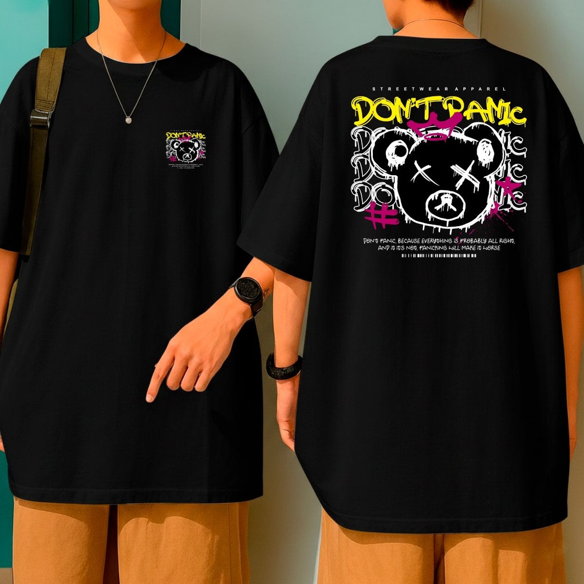 Camiseta Oversized Malha Premium Don't Panic Urso Grafite Streetwear