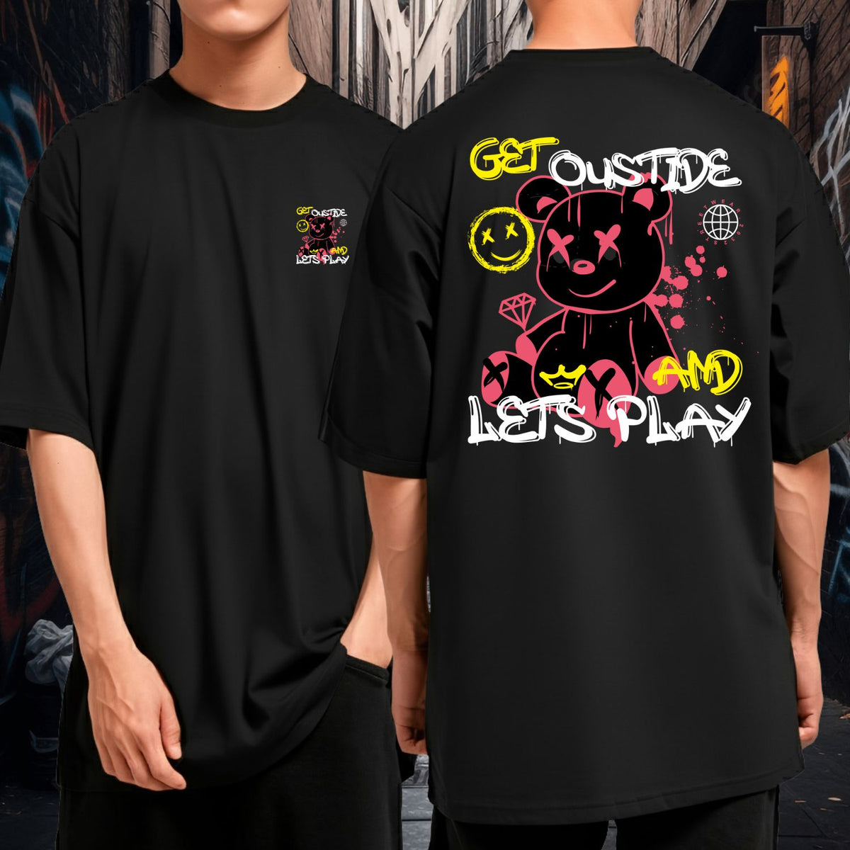 Camiseta Oversized Blusão Malha Grossa Premium Ursinho Get Outside And Lets Play
