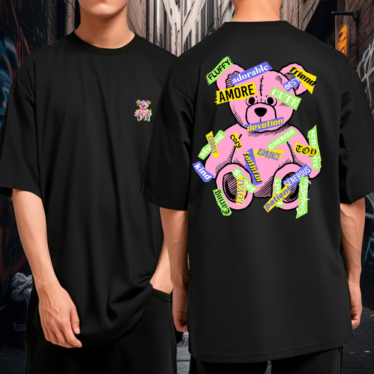 Camiseta Oversized Streetwear 100% Algodão Amore Urso Rosa Pop Preta