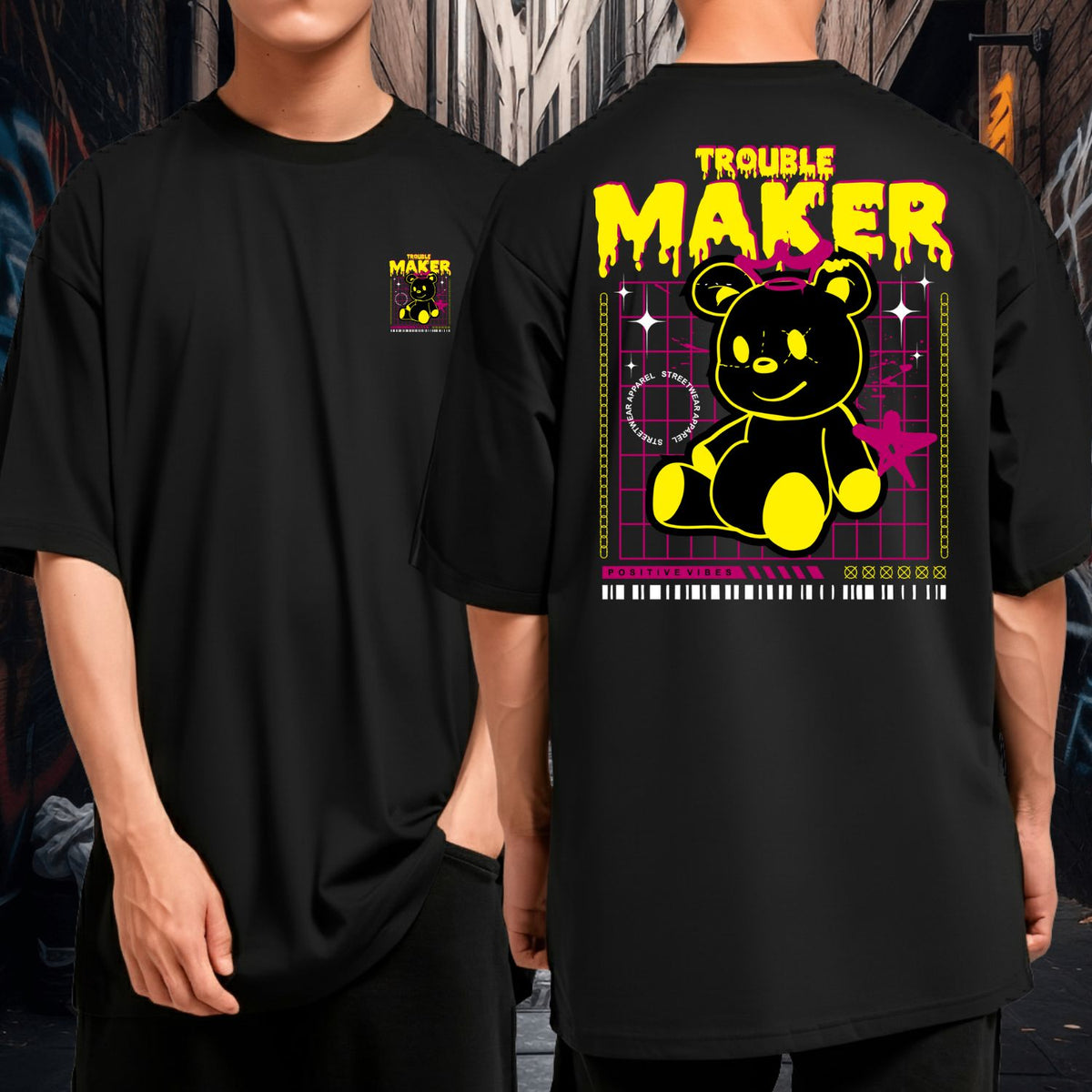 Camiseta Oversized 100% Algodão Fio 30.1 Estampa Ursinho Trouble Maker