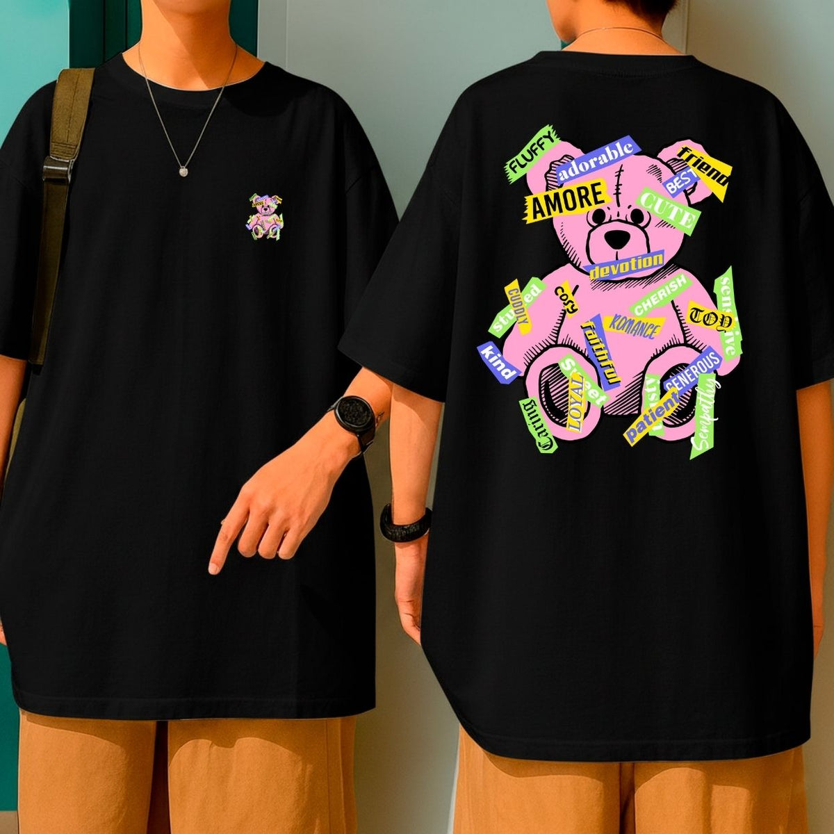 Camiseta Oversized Streetwear Amore Bear Design Colorido e Moderno P ao GG