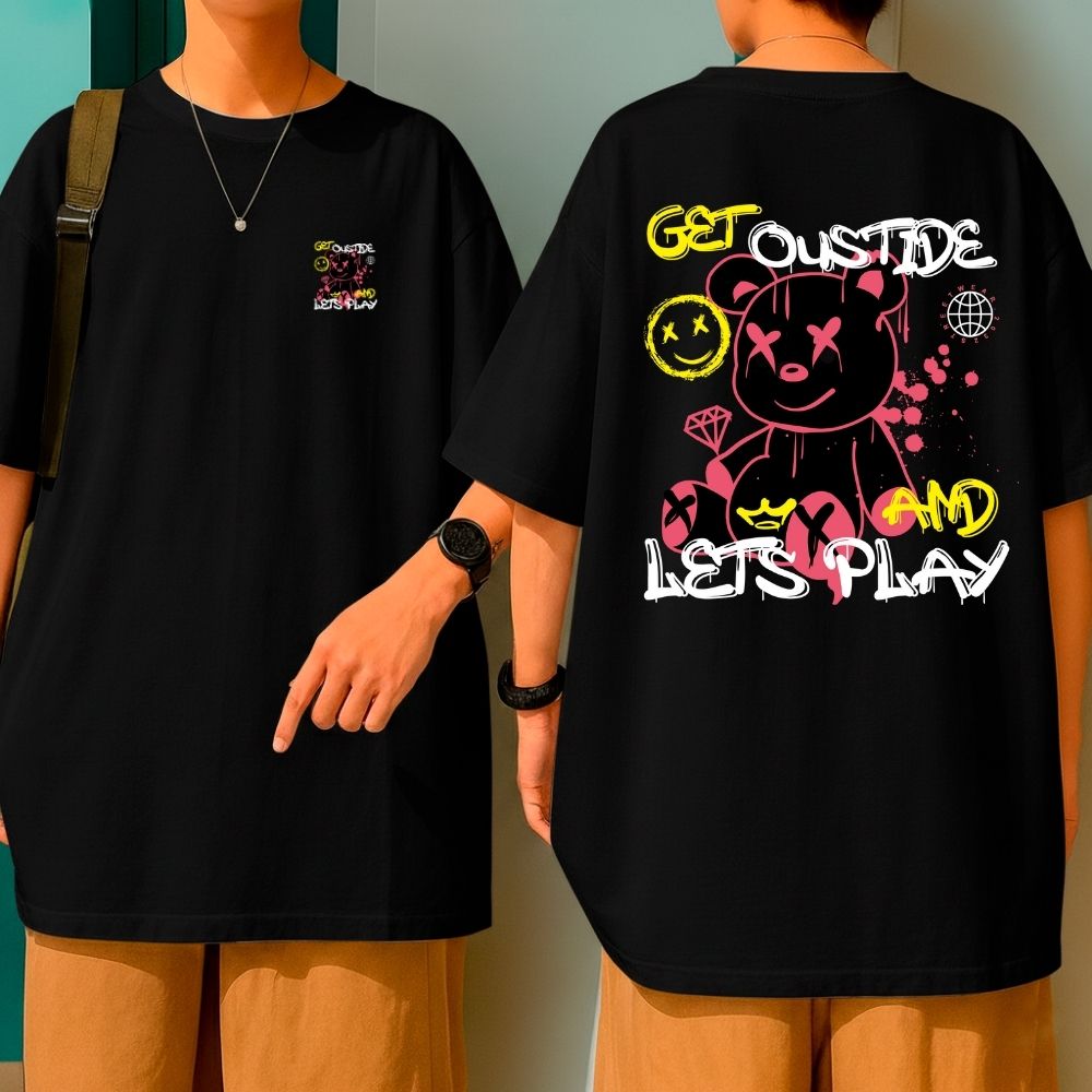 Camiseta Oversized Malha Grossa Premium Get Outside And Lets Play Bear