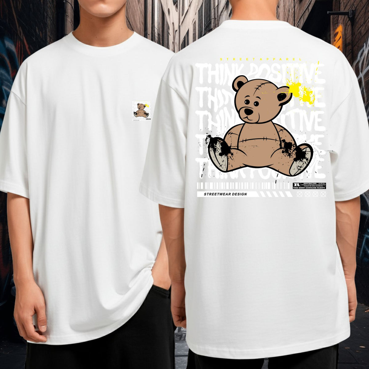 Camiseta Oversized Malha Grossa Larga Think Positive Bear Streetwear