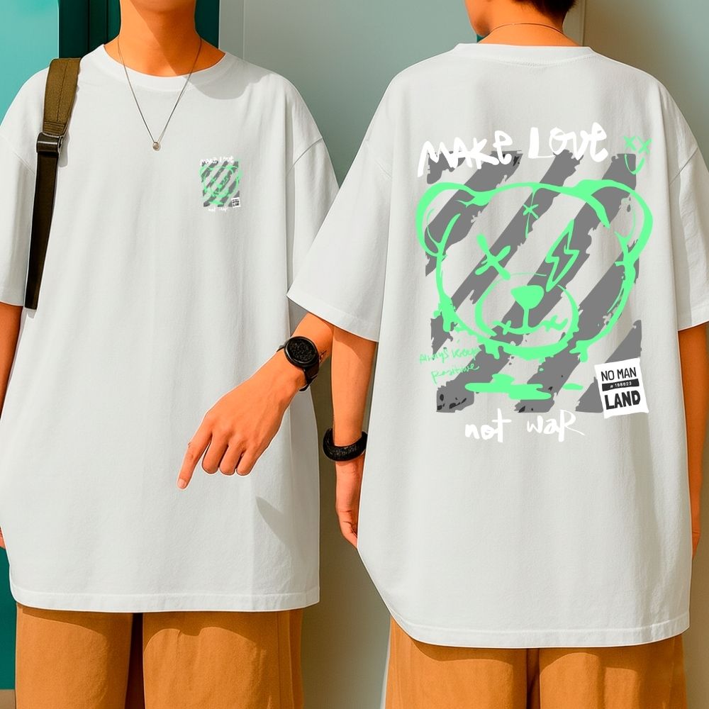 Camiseta Oversized Algodão Streetwear Feminina Urso Bear Make Love Not War