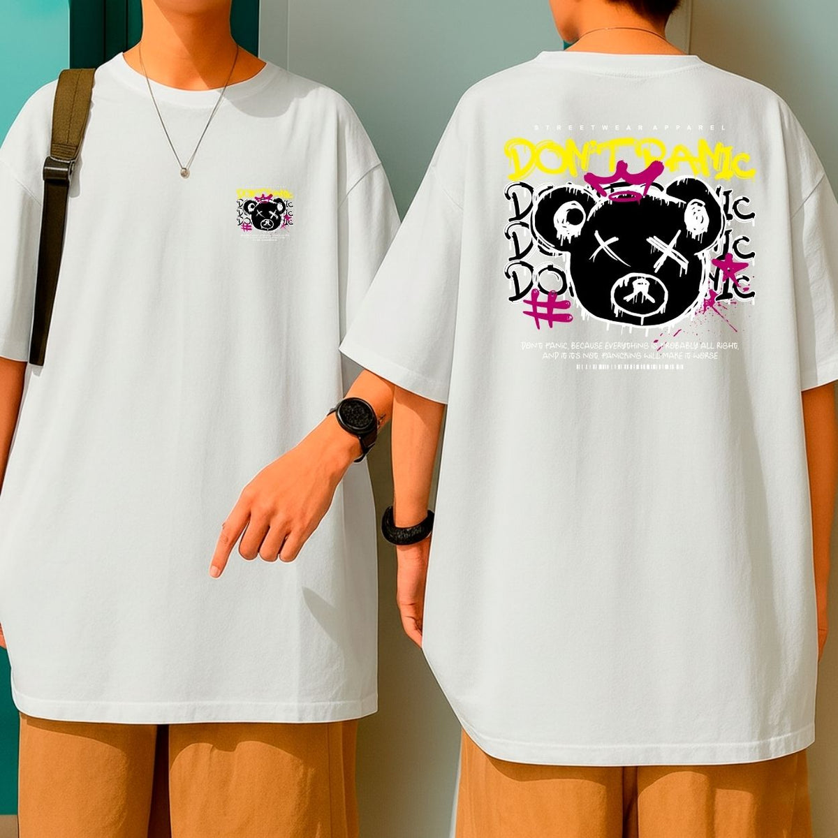 Camiseta Oversized Malha Premium Don't Panic Urso Grafite Streetwear
