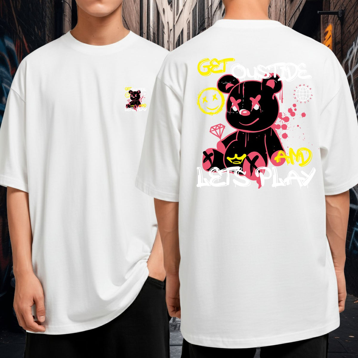 Camiseta Oversized Blusão Malha Grossa Premium Ursinho Get Outside And Lets Play