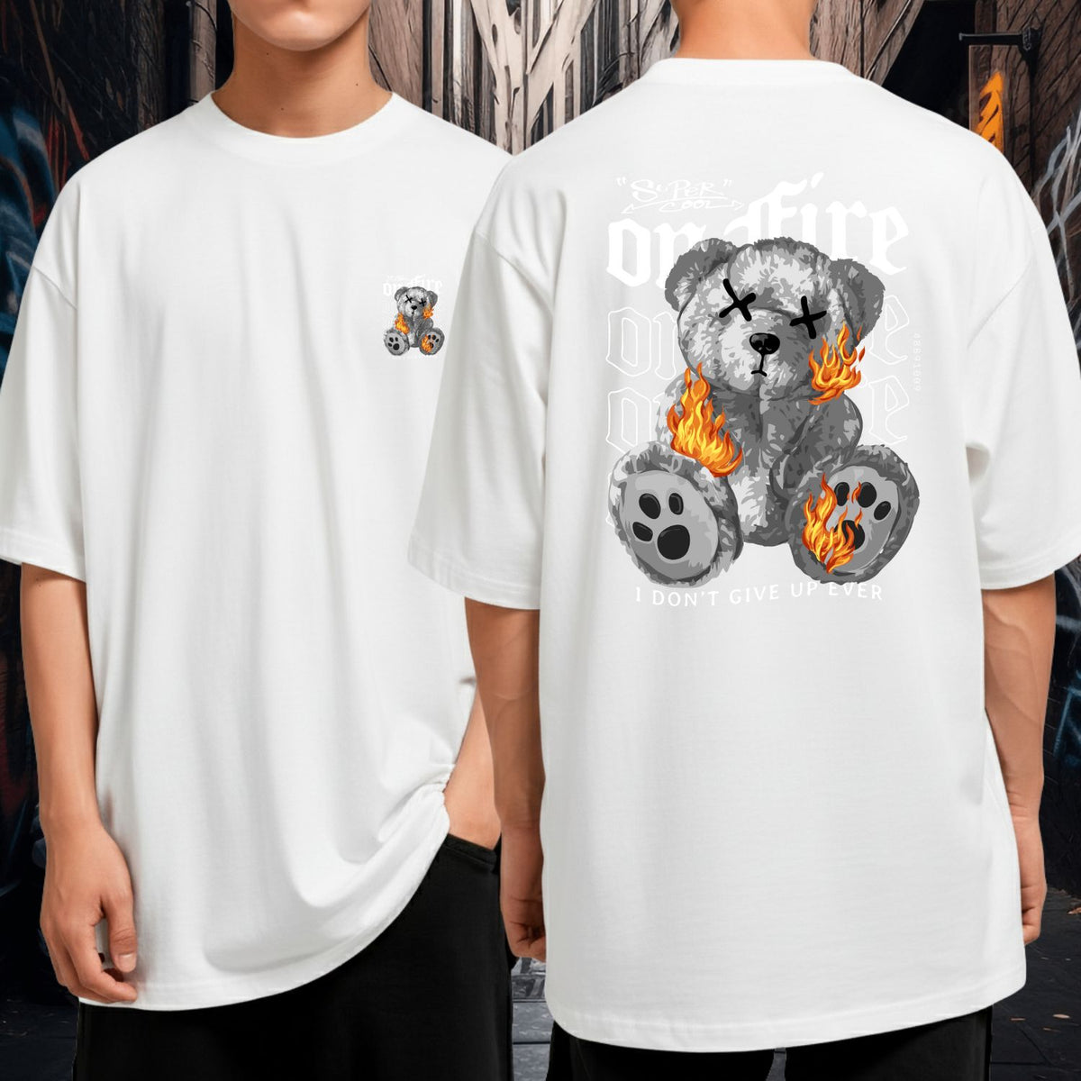 Camiseta Oversized Streetwear On Fire Urso em Chamas Blusão Malha Grossa Underground