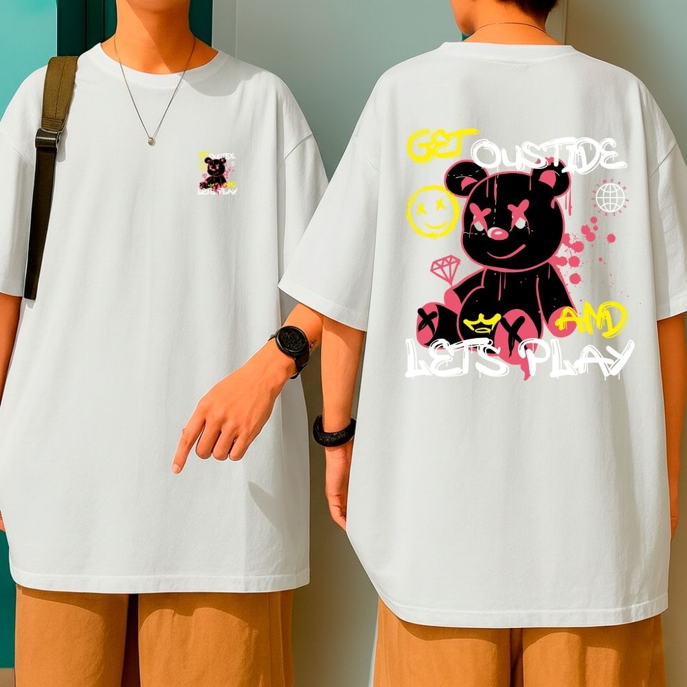 Camiseta Oversized Malha Grossa Premium Get Outside And Lets Play Bear