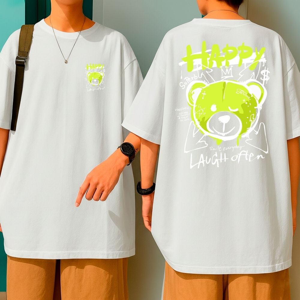 Camiseta Oversized 100% Algodão Estampa Ursinho Happy Laugh Often Blusão Malha Grossa