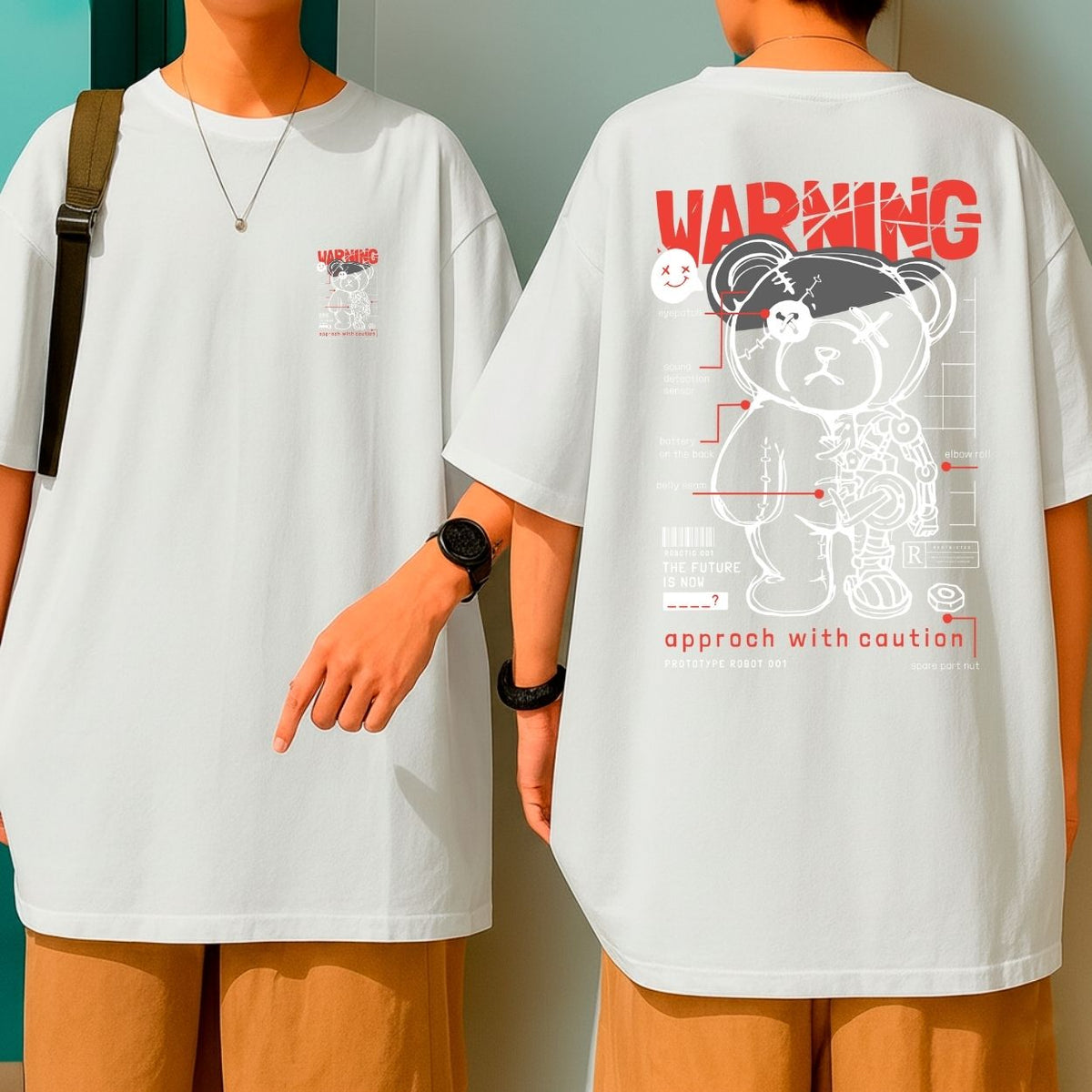 Camiseta Oversized 100% Algodão Malha Grossa Warning Robot Bear Moda Urbana