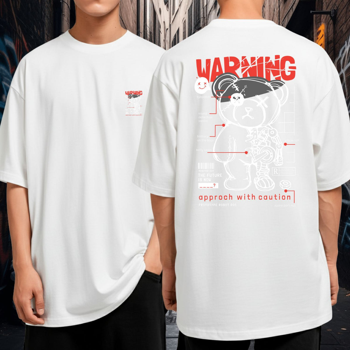 Camiseta Oversized Streetwear Warning Urso Robô Futurista Malha Premium