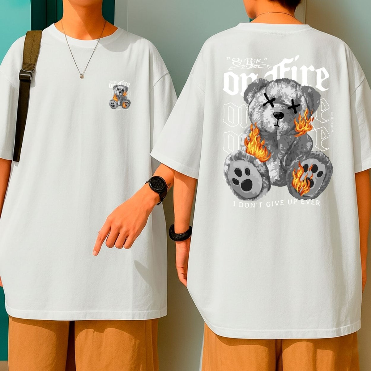 Camiseta Oversized Streetwear Urso em Fogo “I Don’t Give Up Ever” Malha Premium Algodão
