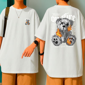 Camiseta Oversized Streetwear Urso em Fogo “I Don’t Give Up Ever” Malha Premium Algodão