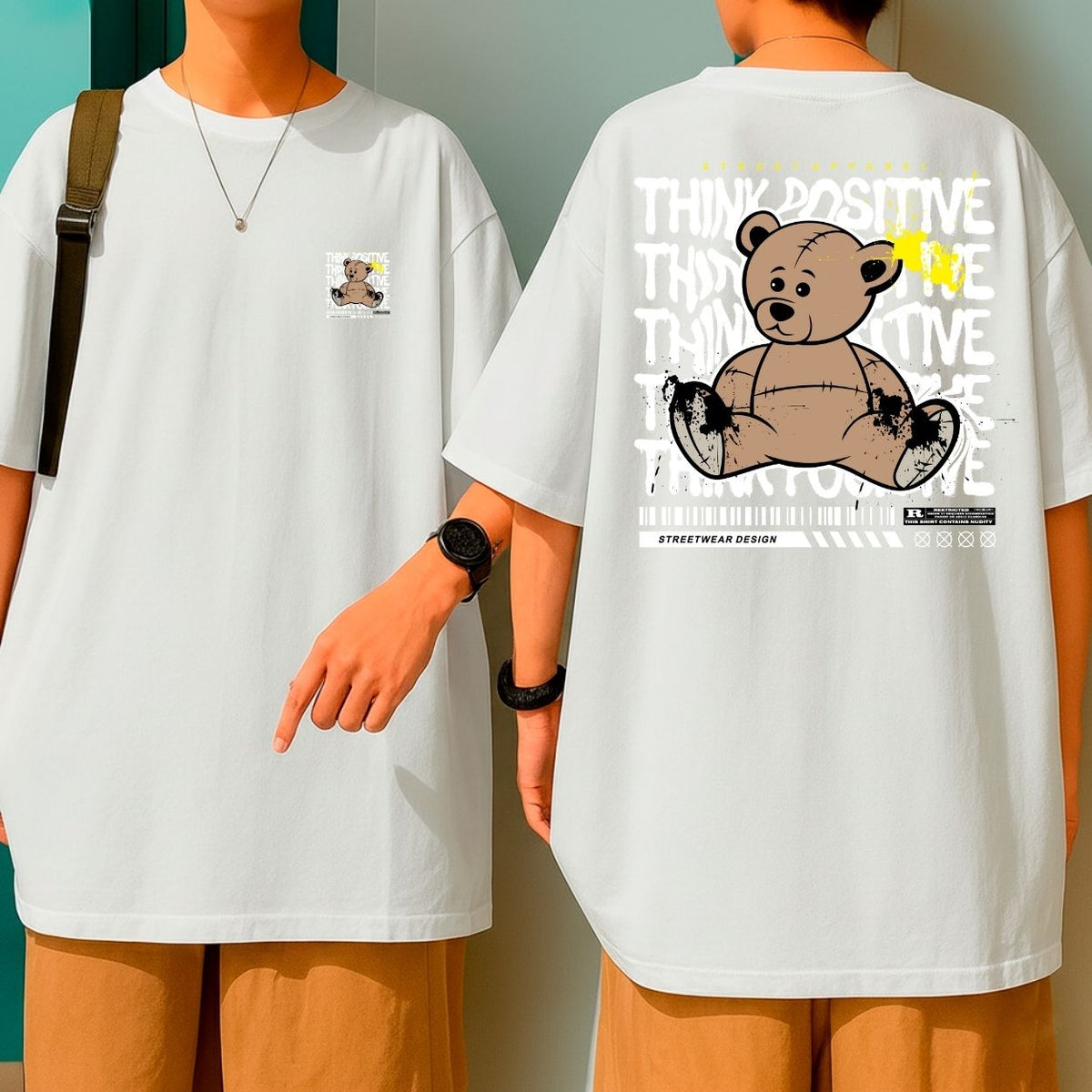 Camiseta Oversized Algodão Premium Streetwear Think Positive Bear Inspiração
