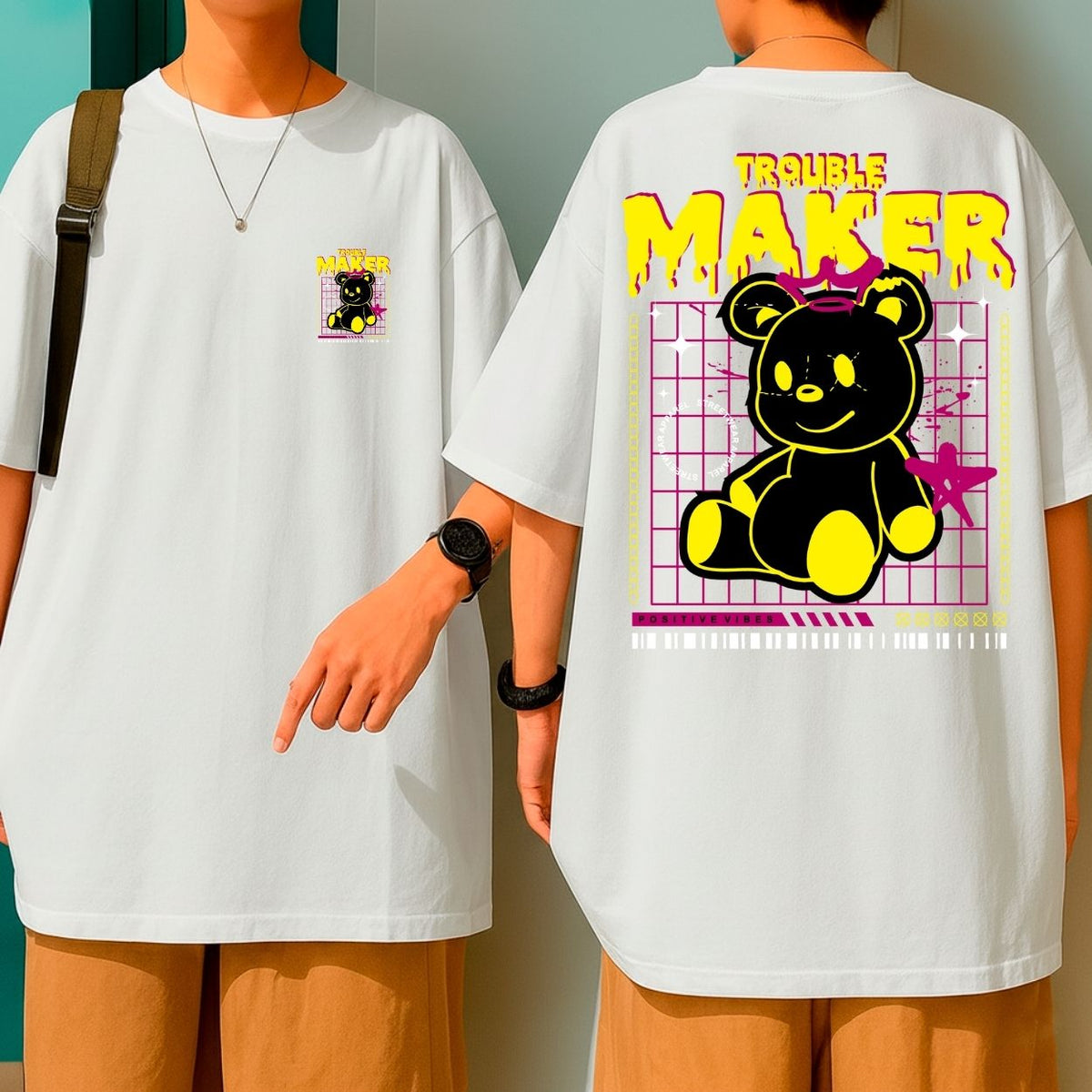 Camiseta Oversized Ursinho Trouble Maker Blusão Malha Grossa Fio 30.1 Qualidade