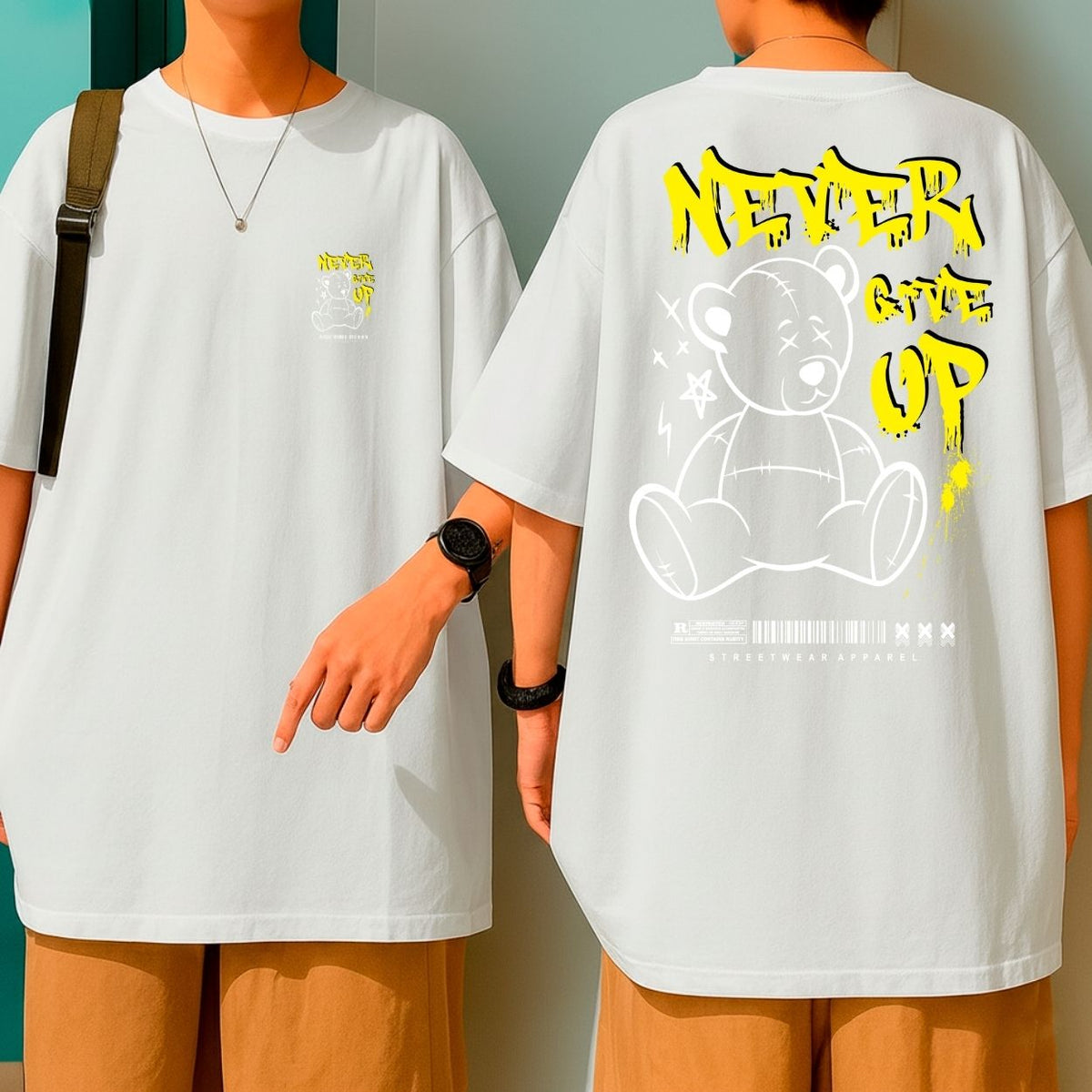 Camiseta Oversized Estampa Ursinho Never Give Up Blusão Malha Premium