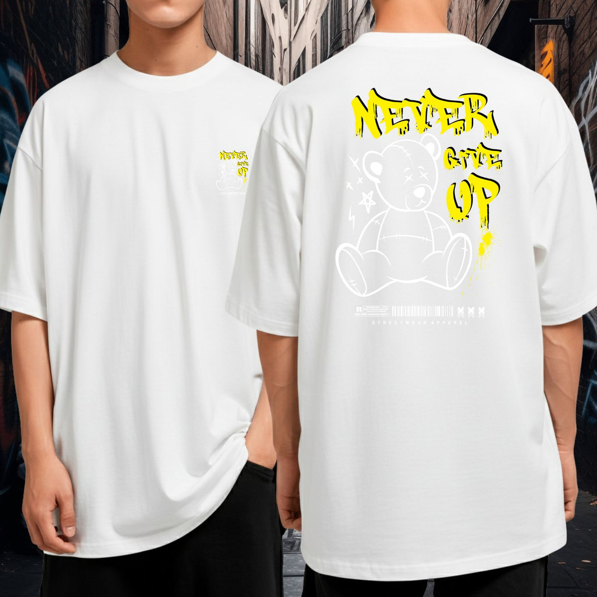Camiseta Oversized Larga Streetwear Never Give Up Bear Moda Urbana