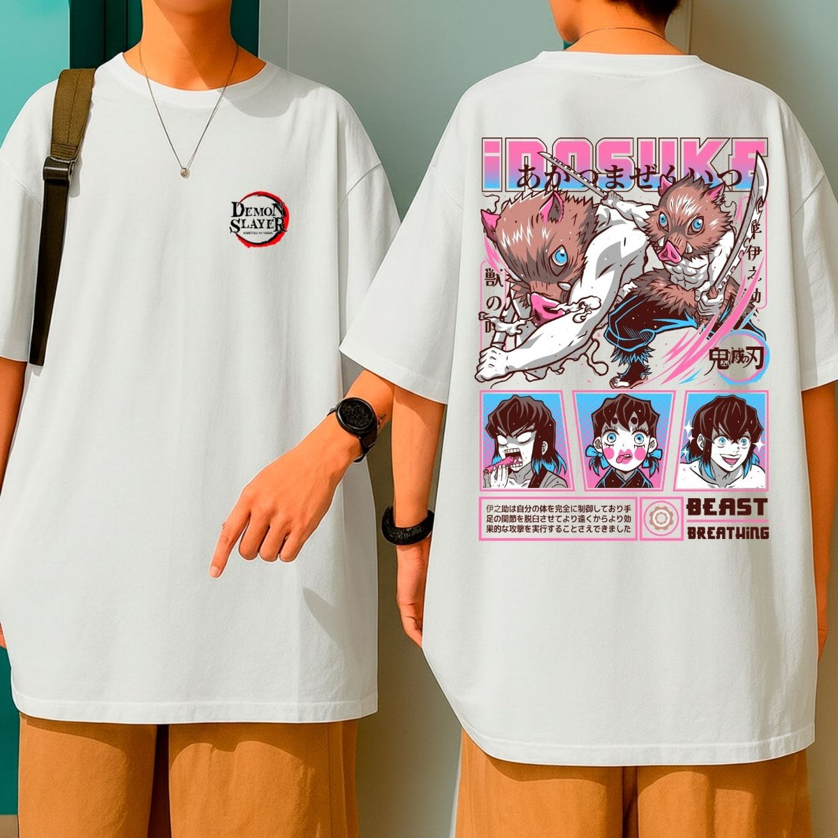 Camiseta Oversized Inosuke 100% Algodão Anime Demon Slayer Malha Premium