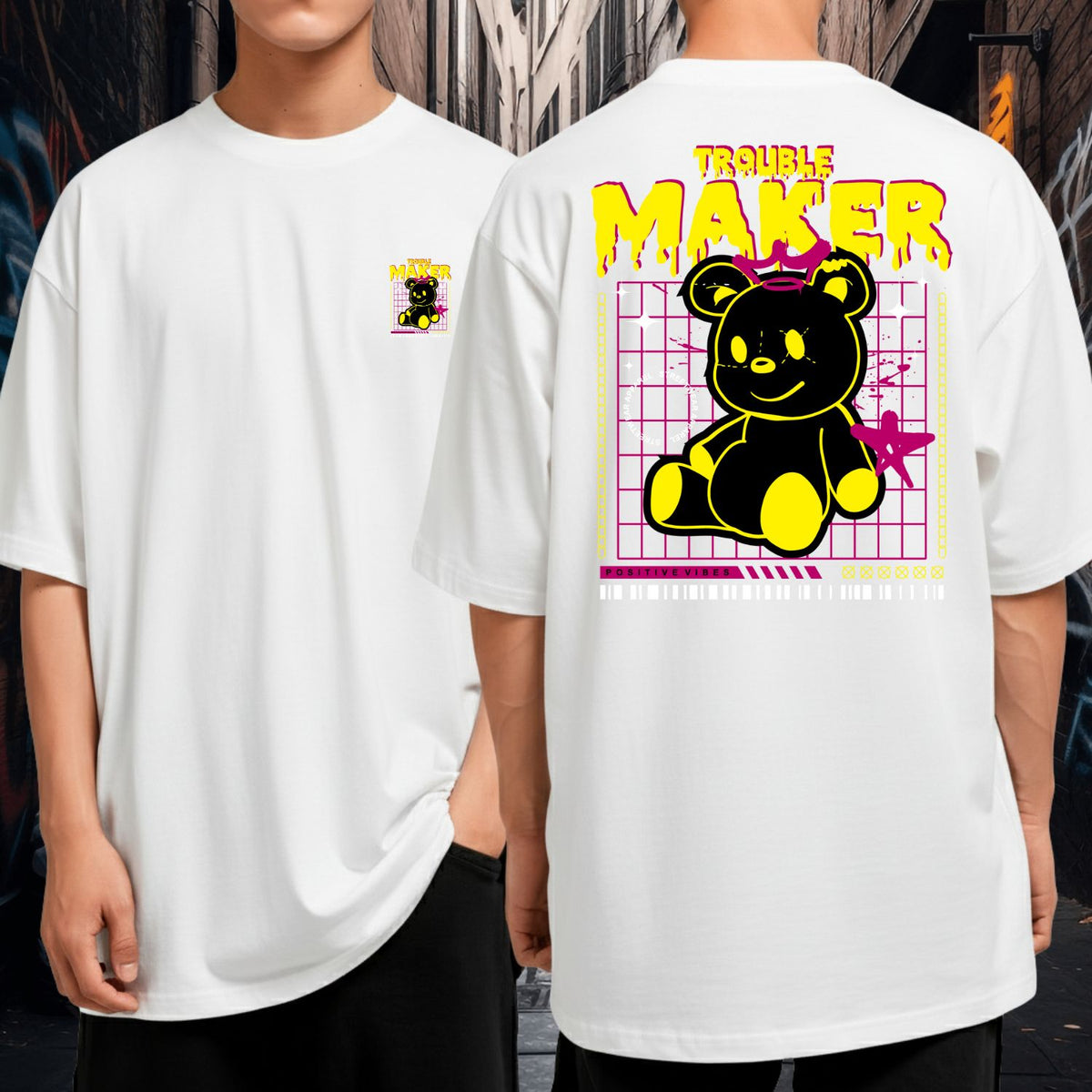 Camiseta Oversized 100% Algodão Fio 30.1 Estampa Ursinho Trouble Maker