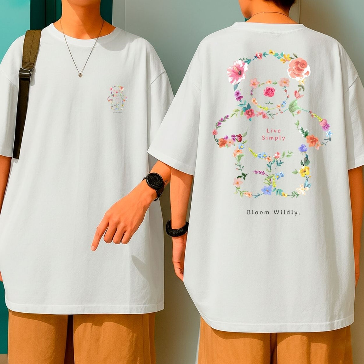 Camiseta Oversized Streetwear Live Simply Urso Floral Blusão Algodão Malha Grossa