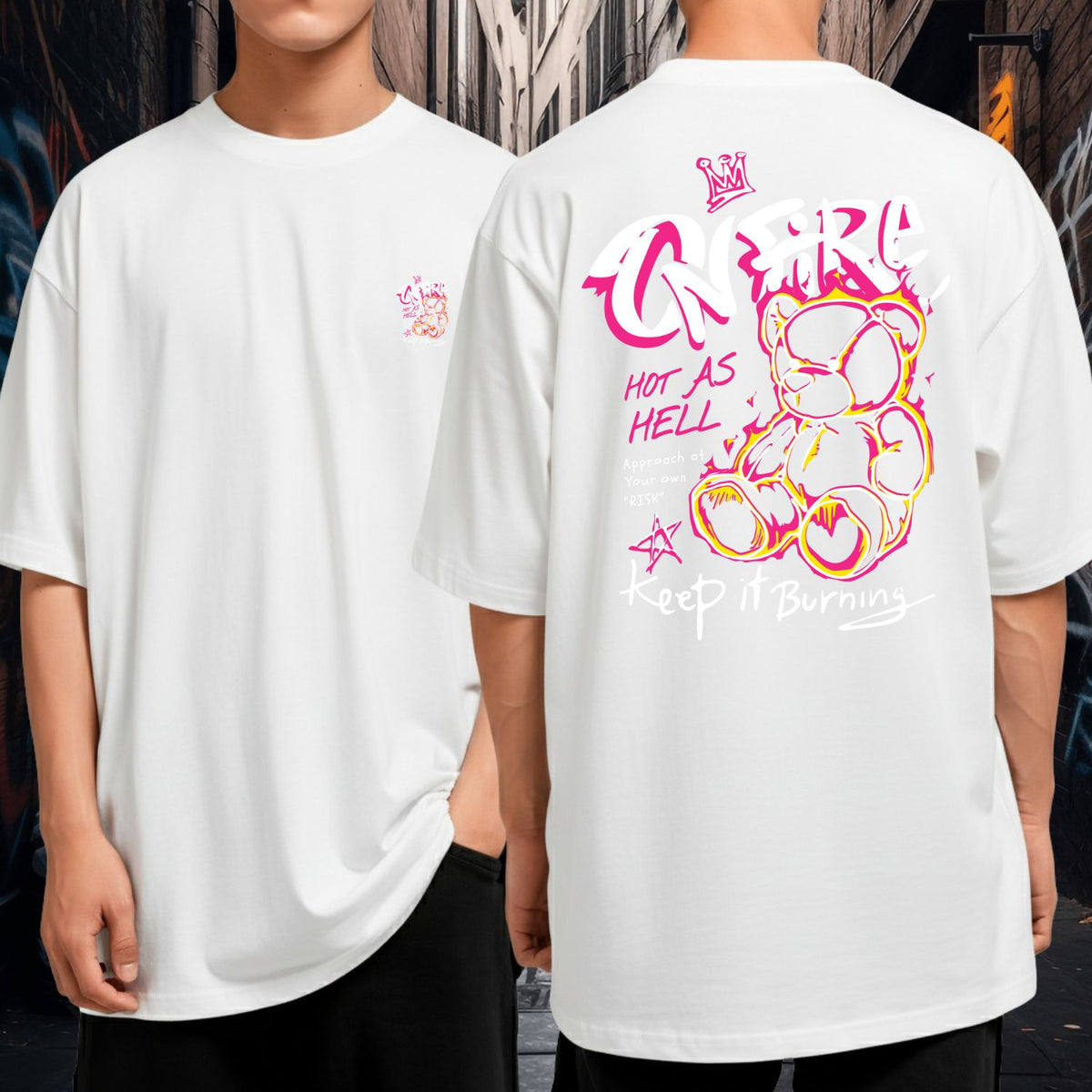 Camiseta Oversized Malha Grossa Fio 30.1 Malha Grossa Ursinho On Fire Keep It Burning Gola Redonda