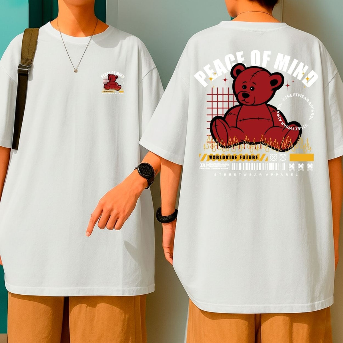 Camiseta Oversized Streetwear Urso Vermelho Flames Peace of Mind