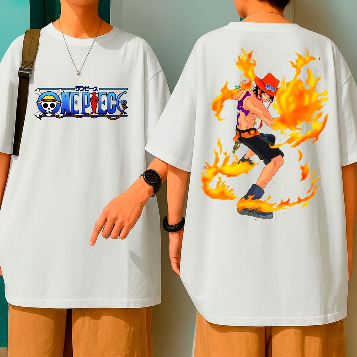 Camiseta Oversized Ace Punhos De Fogo Anime One Piece Blusão 100% Algodão Malha Grossa